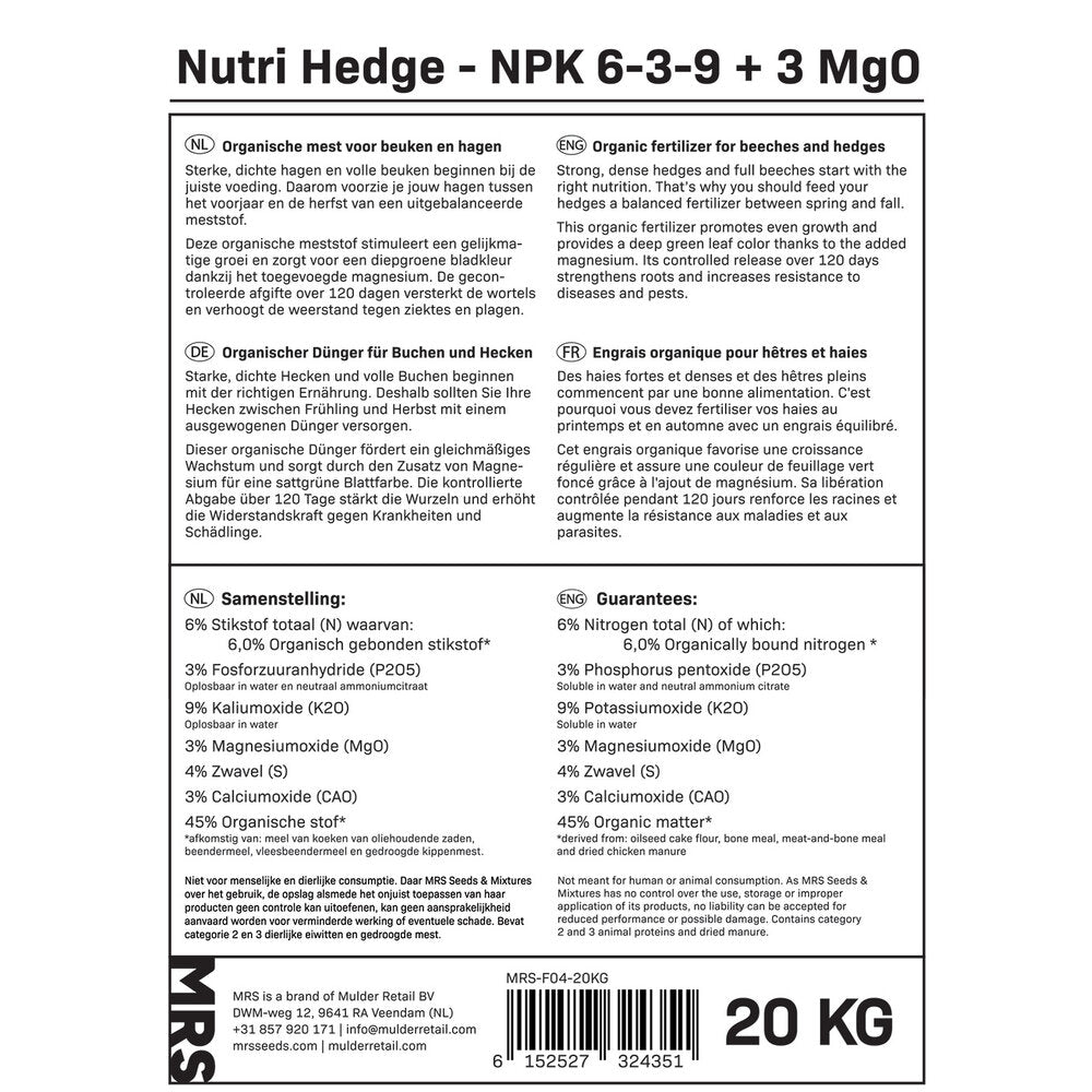  Nutri Hedge - Organische Mest Beuken & Hagen 20 Kg