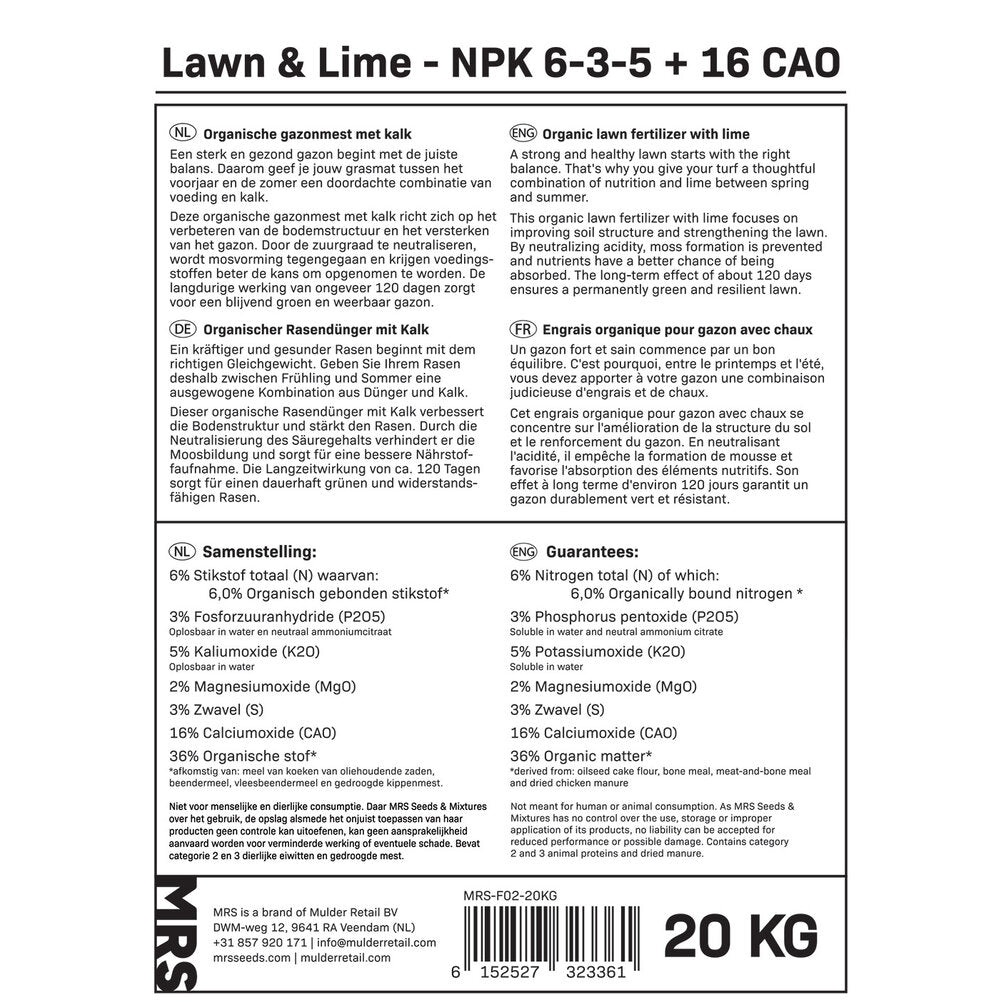  Lawn & Lime - Organische Gazonmest Met Kalk | 20 Kg - 250 M²