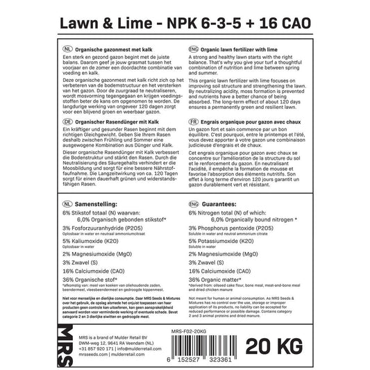  Lawn & Lime - Organische Gazonmest Met Kalk | 20 Kg - 250 M²